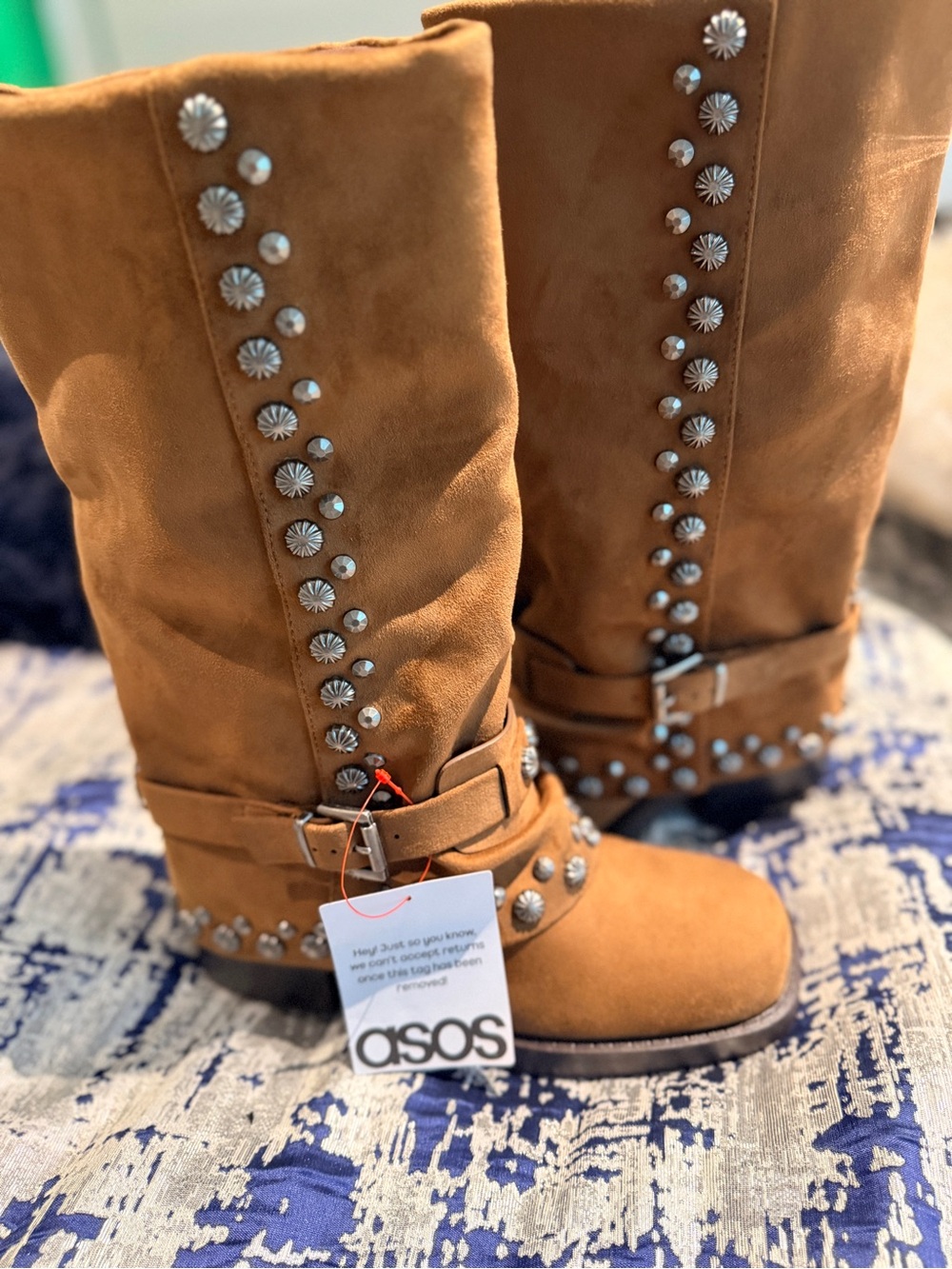 ASOS Cognac Studded Mid-Calf Heeled Boots